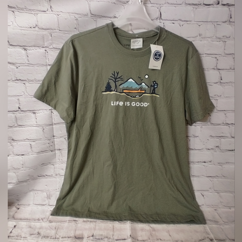 Life Is Good Hiking Mountains Graphic Moss Green Crew XL Tee Shirt NWT